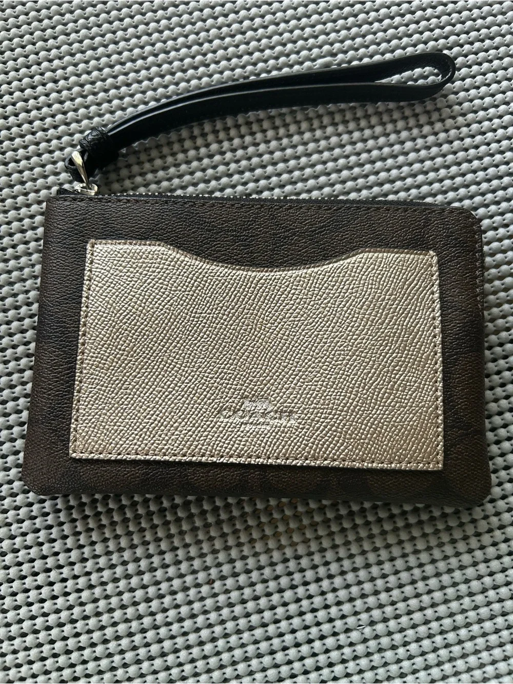Coach dark brown signature and metallic wristlet
